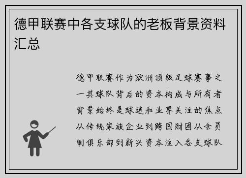 德甲联赛中各支球队的老板背景资料汇总