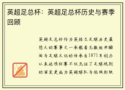 英超足总杯：英超足总杯历史与赛季回顾